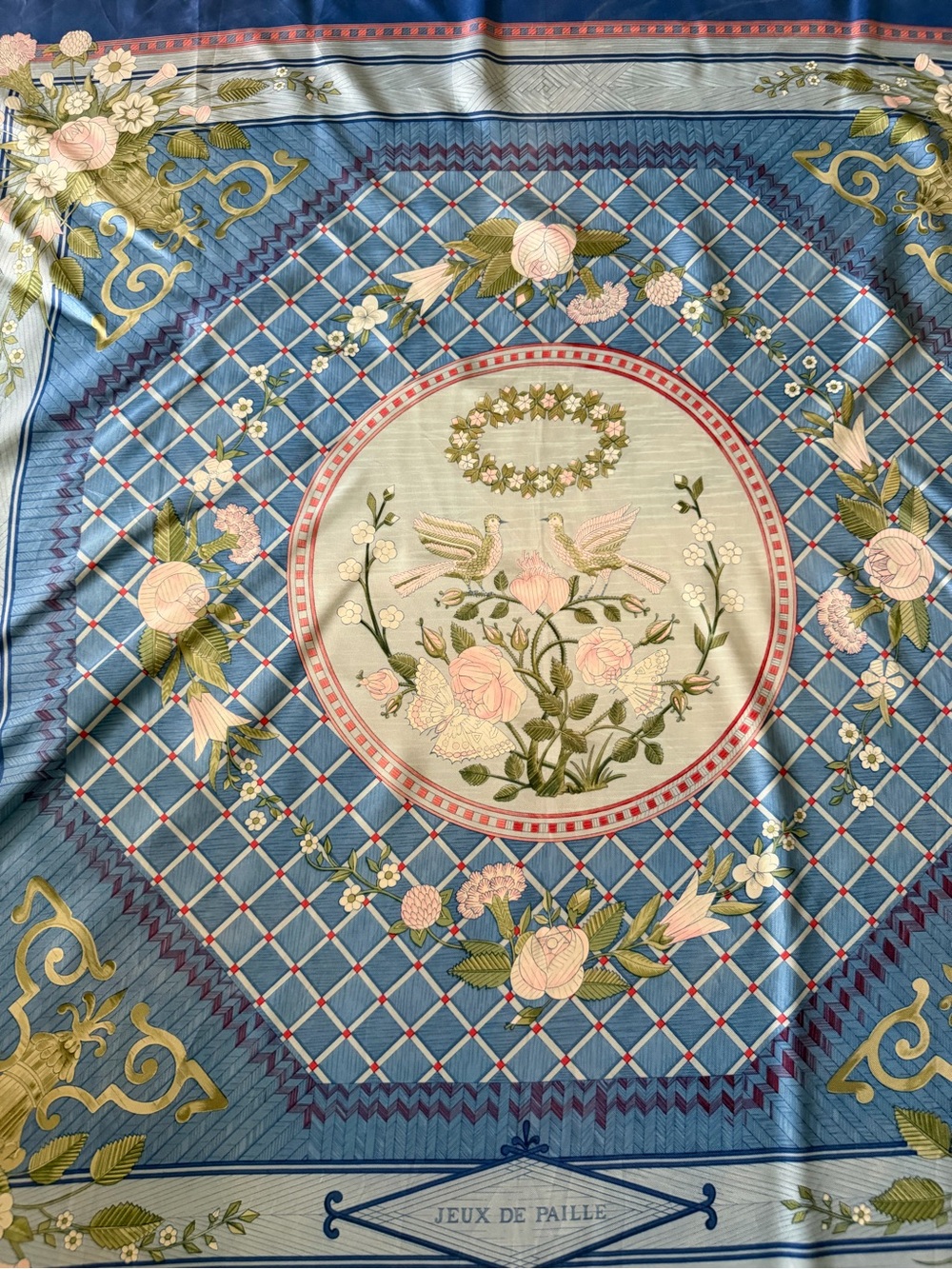Hermes Paris Jeux de Paille Blue Floral Silk Scarf.